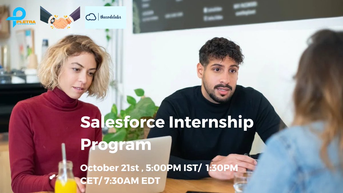 Pletratech1's tweet image. PletraTech proud to collaborate with theCodeLabs to launch an internship program for energetic and talented candidates (2020 pass out onwards Candidates) in partnership with theCodeLabs.

Register here to attend this session bit.ly/3dPk8Vw

#pletra #sfdctraining