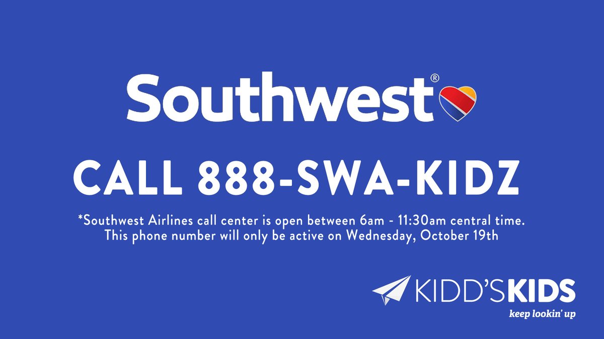 KiddNation (@kiddnation) on Twitter photo The phones are a little slow at the <a href="/SouthwestAir/">Southwest Airlines</a> Call Center. WE NEED YOU! Help us fund the trip today.
Southwest Volunteers are ready and waiting for your <a href="/KiddsKids/">Kidd's Kids</a> Donation. 888-792-5439 The phones are a little slow at the <a href="/SouthwestAir/">Southwest Airlines</a> Call Center. WE NEED YOU! Help us fund the trip today.
Southwest Volunteers are ready and waiting for your <a href="/KiddsKids/">Kidd's Kids</a> Donation. 888-792-5439