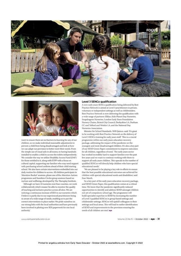 snapdragonsltd's tweet photo. Our Quality & Training Manager, Alice, stresses the importance of timely identification of SEN in this article with Sian Marsh @bestpracticenet for @EYEearlyEd #SEN #SEND #EarlyYears #EYtraining #EYqualification #EYITT #Apprenticeship @CoBCollege @BathCollege @LRC_WiltsColl https://t.co/FQM7QpOiSS