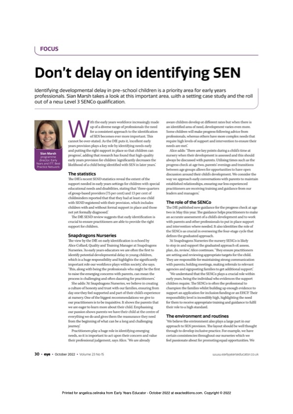 snapdragonsltd's tweet photo. Our Quality & Training Manager, Alice, stresses the importance of timely identification of SEN in this article with Sian Marsh @bestpracticenet for @EYEearlyEd #SEN #SEND #EarlyYears #EYtraining #EYqualification #EYITT #Apprenticeship @CoBCollege @BathCollege @LRC_WiltsColl https://t.co/FQM7QpOiSS