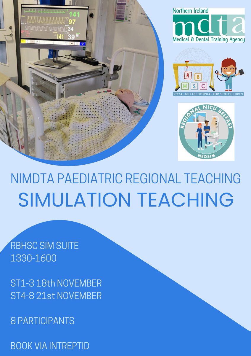 DrPeterMcA's tweet photo. @SimEdRBHSC and @_NIMDTA are delighted to start this new initiative of simulation teaching as part of regional teaching. 18th November is fully booked but still spaces on 21st November. Book via intrepid if interested. 4 simulated scenarios, 8 participants, 4 pairs. https://t.co/uOmycugEk5