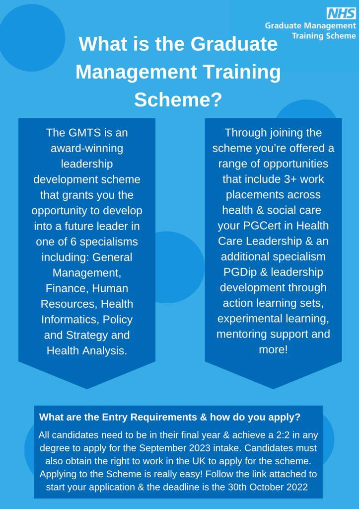 NSSUWE's tweet photo. Have you just completed your studies or are you in your final year and would like to work in a management role with the NHS? 

Send us a message on Telegram to register your interest. https://t.co/WpdHmQfC8b