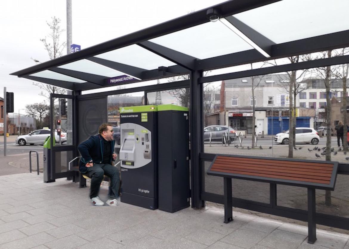 James Cordon at a Glider ticket machine
