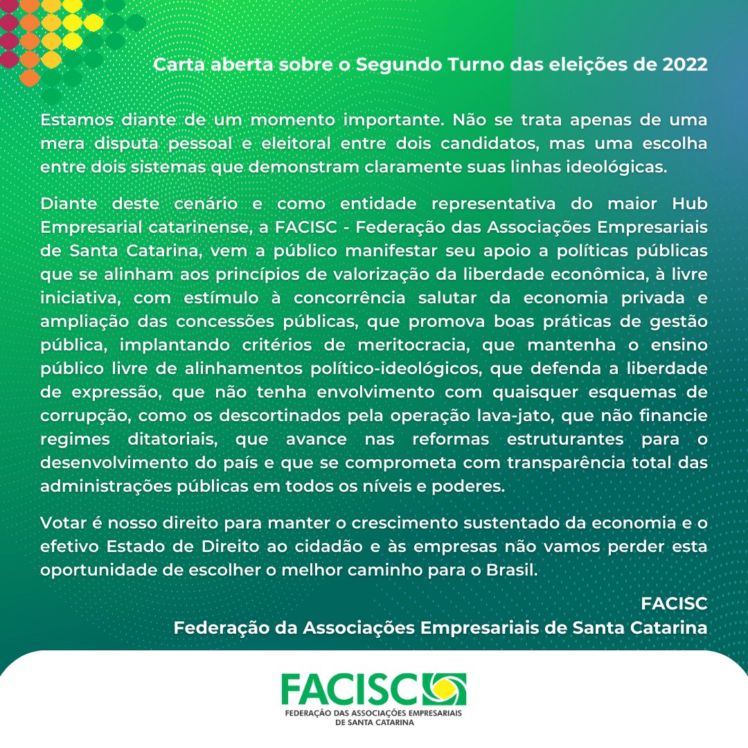 FACISC's tweet photo. 📍Pronunciamento oficial da FACISC referente ao Segundo Turno das eleições.
O documento reitera a nossa preocupação com as futuras gestões e lista os principais interesses defendidos pela Federação.
#FACISC #SomosHub #eleicoes2022 https://t.co/N6ZlexmgMs