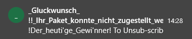 Guitariku's tweet photo. Okay.. ich hab ja schon so einige seltsame Spam-Mails mit lustigen (gefühlt zufällig generierten) Kombinationen aus Betreff und Inhalt gehabt. Glückwünsche zum nicht zustellbaren (nonexistenten) Paket sind allerdings neu :D https://t.co/9u9JLRUT1L