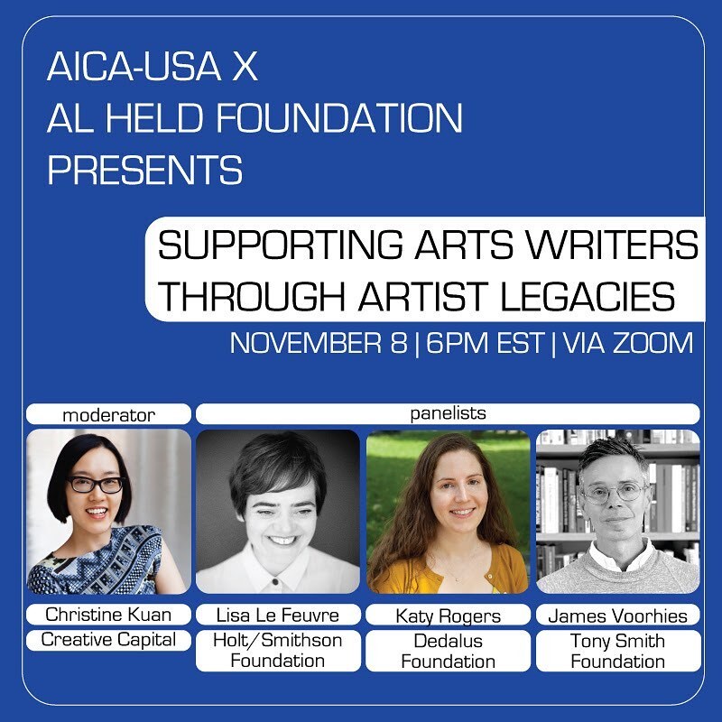 AICA-USA and the Al Held Foundation invites you to join our virtual panel discussion, Supporting Arts Writers Through Artist Legacies, exploring how supporting arts writers furthers the legacies stewarded by artist-endowed foundations. The panel discussi… instagr.am/p/Cj5OWhirBNA/