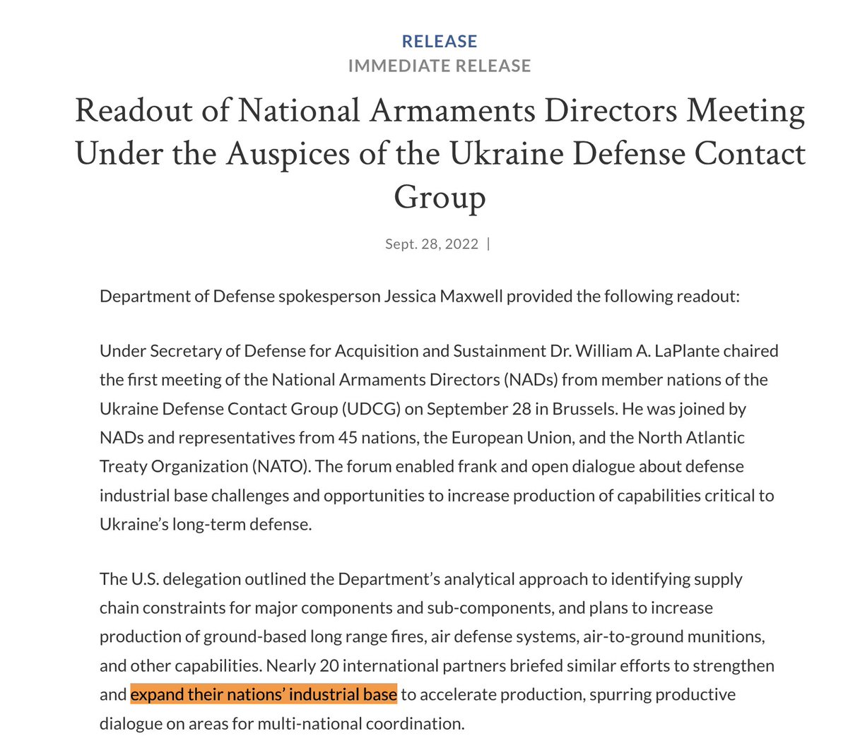 In September, the Defense Department announced that the United States and its allies were planning to “expand their nations’ industrial base” for building bombs, rockets and artillery for the war with Russia in Ukraine.