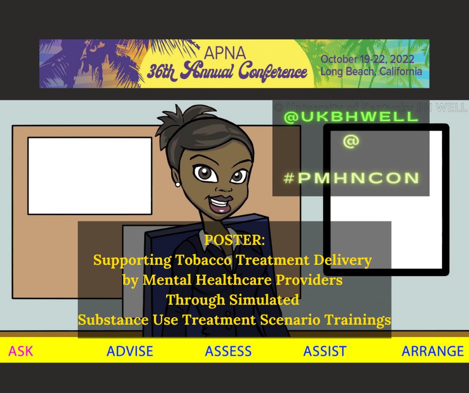 #APNA Conference Attendees! Look for BH WELL's #Poster:
Supporting #TobaccoTreatment Delivery by Mental #Healthcare #Providers Through #Simulated #SubstanceUseTreatment Scenario Training
#PMHNCon #APNA2022
bhwell.uky.edu