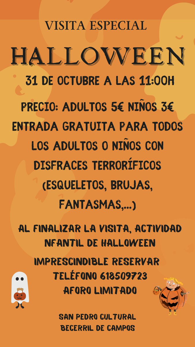 🎃 VISITA ESPECIAL HALLOWEEN 🎃
📅 31 DE OCTUBRE
⏰ 11:00H

5€ ADULTO
3€ NIÑO
GRATUITO PERSONAS QUE ACUDAN CON DISFRACES TERRORÍFICOS (BRUJAS, ESQUELETOS, ZOMBIES,...)
AL FINALIZAR LA VISITA GUIADA ACTIVIDAD DE HALLOWEEN
⚠️ IMPRESCINDIBLE RESERVAR  618509723
⚠️ AFORO LIMITADO