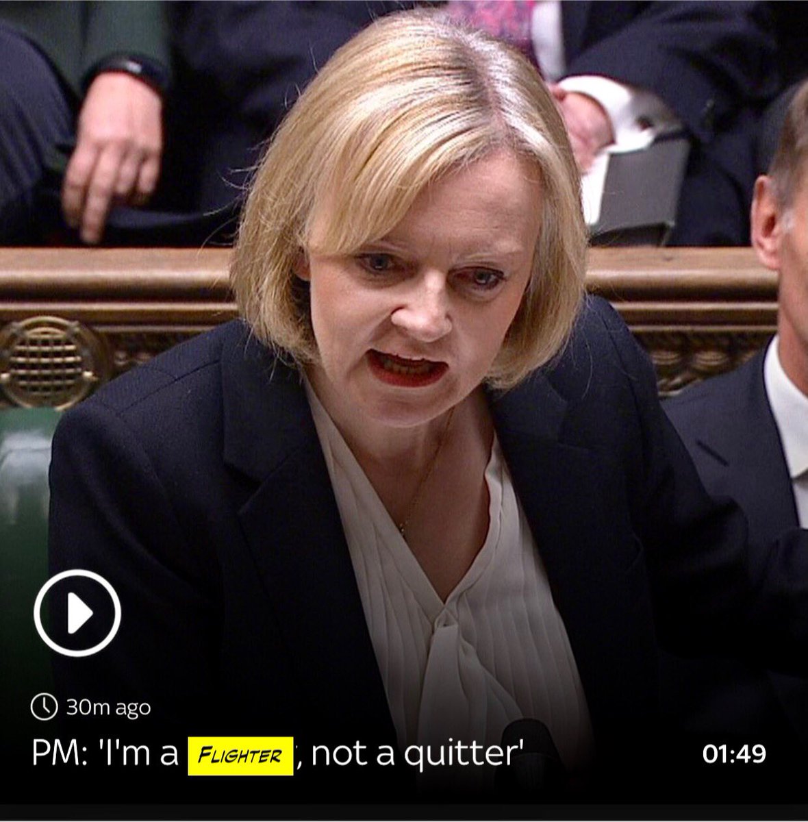 After hiding under a desk during Monday’s urgent question, the ever frightened #LiabilityLiz Truss mixes up the word ‘frighter’ with ‘fighter’; to roars of laughter during her last #pmqs