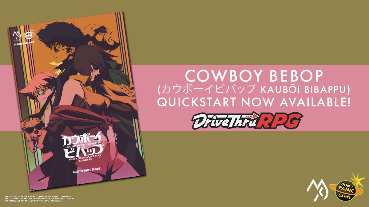 DriveThruRPG's tweet photo. 3...2....1....
Let's JAM! 🚀

The ✨FREE ✨Cowboy Bebop Quickstart is available now from @ManaProjectStd &amp; @DontPanicGames1! 🥳

See you, Space Cowboy... 👇
https://t.co/leRdc21viC https://t.co/EQZYfcF5L5