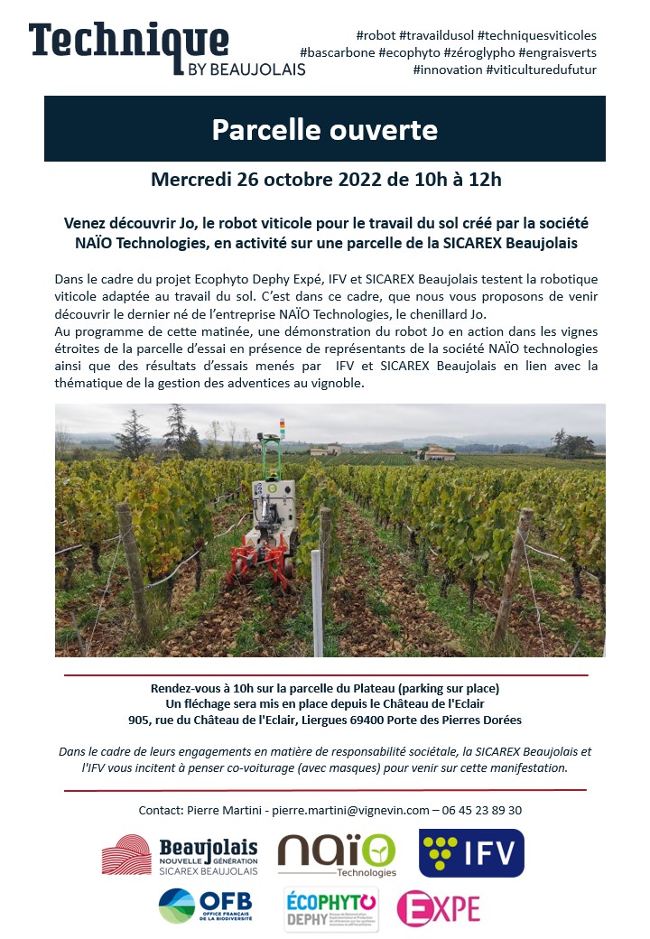 📢Un RDV #TechniqueByBeaujolais à ne pas manquer! Parcelle ouverte à la SICAREX Beaujolais le 26 octobre à 10h, pour la rencontre de Jo, le robot viticole. #travaildusol #techniquesviticoles #bascarbone #ecophyto #zéroglypho #engraisverts #innovation #viticulturedufutur <a href="/naiotech/">Naïo Technologies</a>