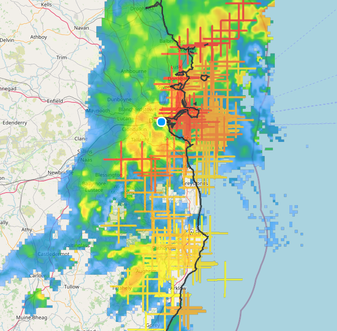 There is a *lot* of lightning activity in Dublin right now. Each cross-hair on this plot from <a href="/MetEireann/">Met Éireann</a> is a recent lightning strike.