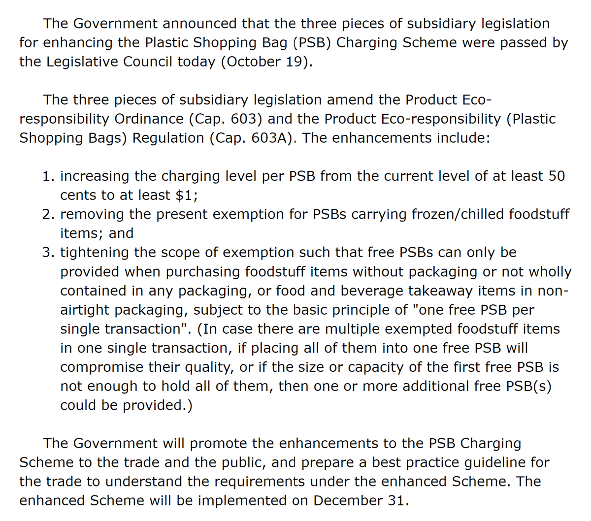 tripperhead's tweet photo. ⚠️🛍️🥛

LegCo has passed the enhanced Plastic Shopping Bag legislation.

1. Increase charge per bag from 50c to at least $1
2. remove exemption for frozen/chilled products
3. tightening the scope of exemptions

New rules start December 31st. https://t.co/aOi8PNAAKj