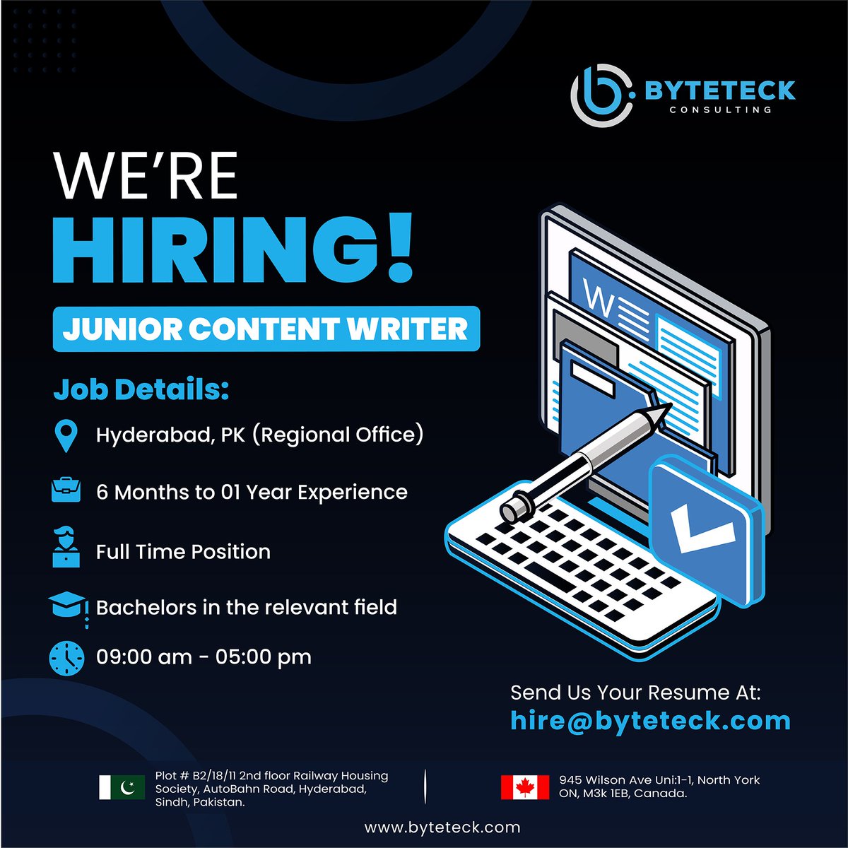 byteteckinc's tweet image. We are #hiring a JUNIOR CONTENT WRITER.

Location:  Hyderabad, Sindh PK.
Timings: 09:00 am - 05: 00 pm

Apply at: hire@byteteck.com

Description in ALT text

#contentwriterjob #contentwriter #jobsinHyd #Hydjobs #ByteTechJobs #JuniorContentWriter #ByteTech #ByteTeck