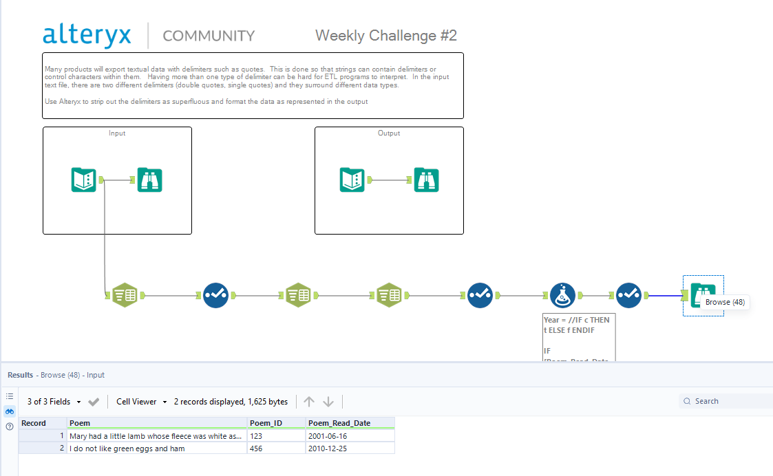 Second challenge completed! 

Maybe in the future I'll revisit this challenge and use the RegEx tool, but I'm glad that my solution worked out. 

#DSNY2 #alteryx <a href="/dataschoolNY/">The Data School New York</a>
