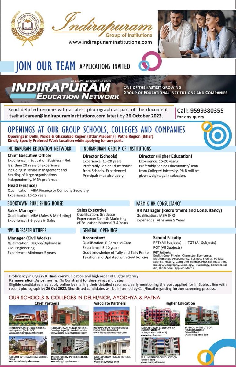 Indirapuram Group of Institutions <a href="/IprmGrp/">Indirapuram Group of Institutions</a> is expanding its education network. #Leaders by heart and passionate teachers can submit an application and resume at career@indirapuraminstitutions.com within a week. An amazing opportunity! Please spread this message widely. #hiring