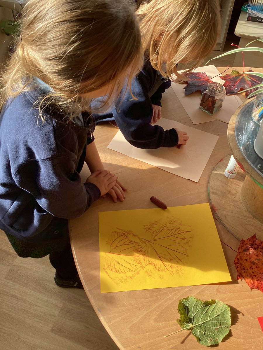 EYFS_WIA's tweet photo. Showing a friend how to make a leaf rubbing, then watching excitedly as she does it! So proud of how kind our Nursery children are and how keen to share their learning! 🥰 
@Office_WIA @whitchurchCEFed @StBartsTrust https://t.co/qWJfGKDr50