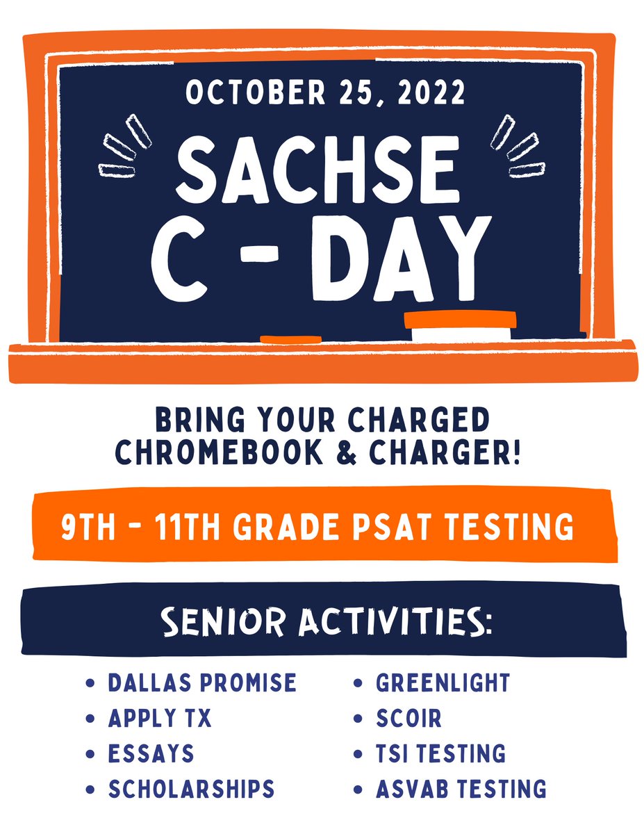 Sachse Students...C-Day is coming soon on Tuesday, Oct. 25!  See attached for details!  Bring your charged chromebook and charger!