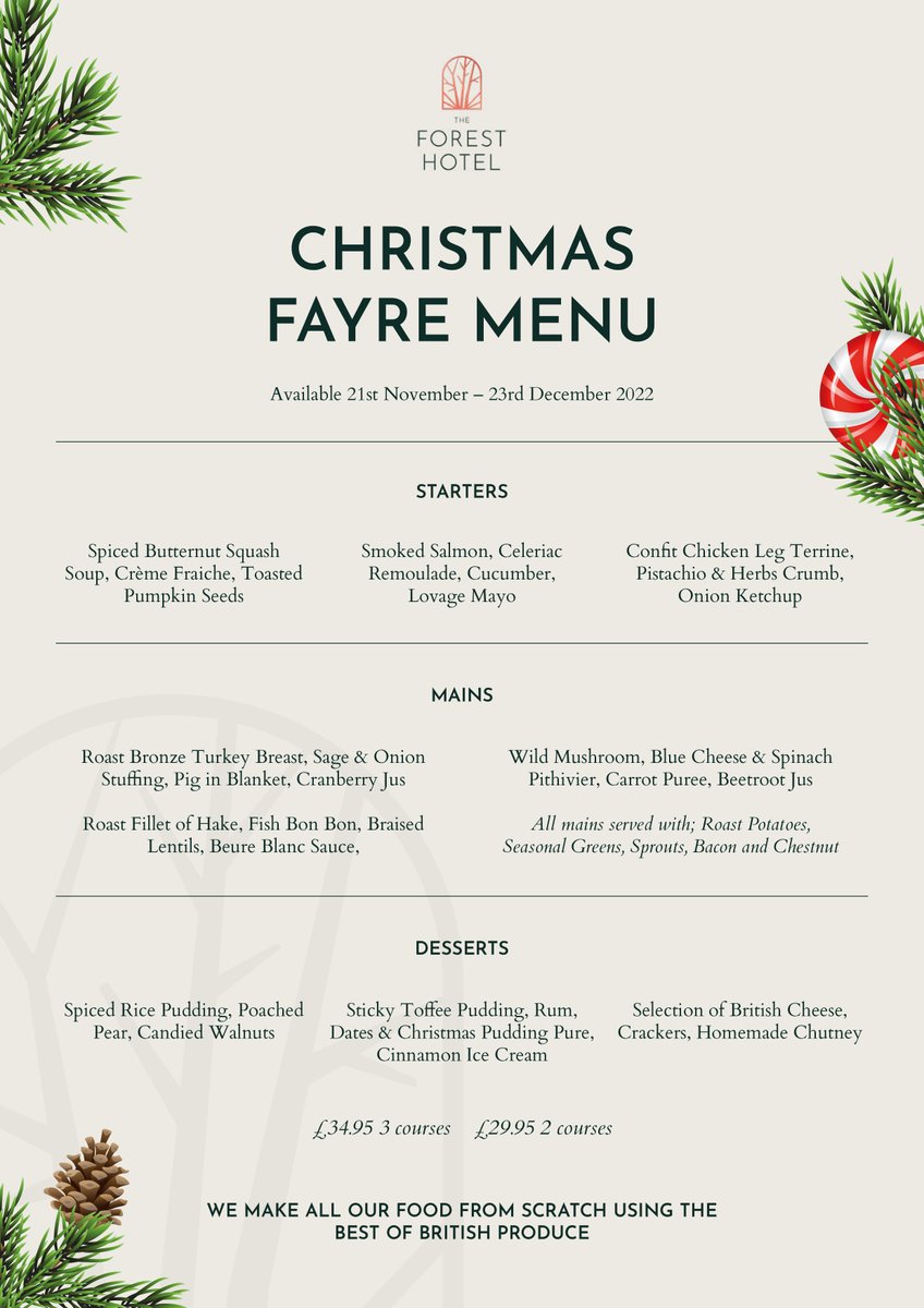 Join us this festive period to enjoy our showstopping 2 and 3 course Christmas Fayre Menu featuring festive classics and dishes to tantalise your tastebuds.
Available 21st November to 23rd December 2022
#christmasattheforest #theforesthotel #dorridge #christmasmenu