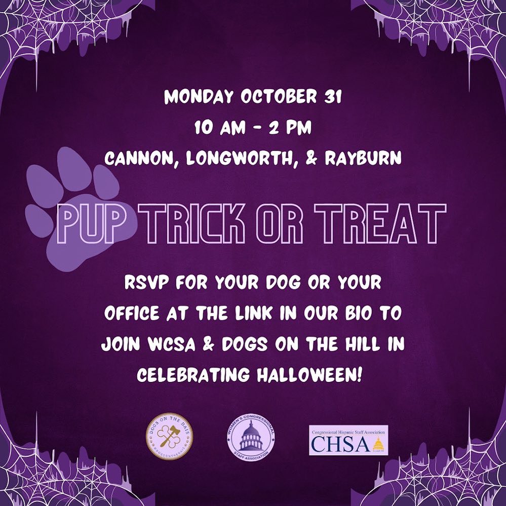 Join @WomensCSA, @chsadc, & @dogsonthedais for Pup Trick or Treat on the Hill! RSVP for your dog or your office to participate at docs.google.com/forms/d/e/1FAI…