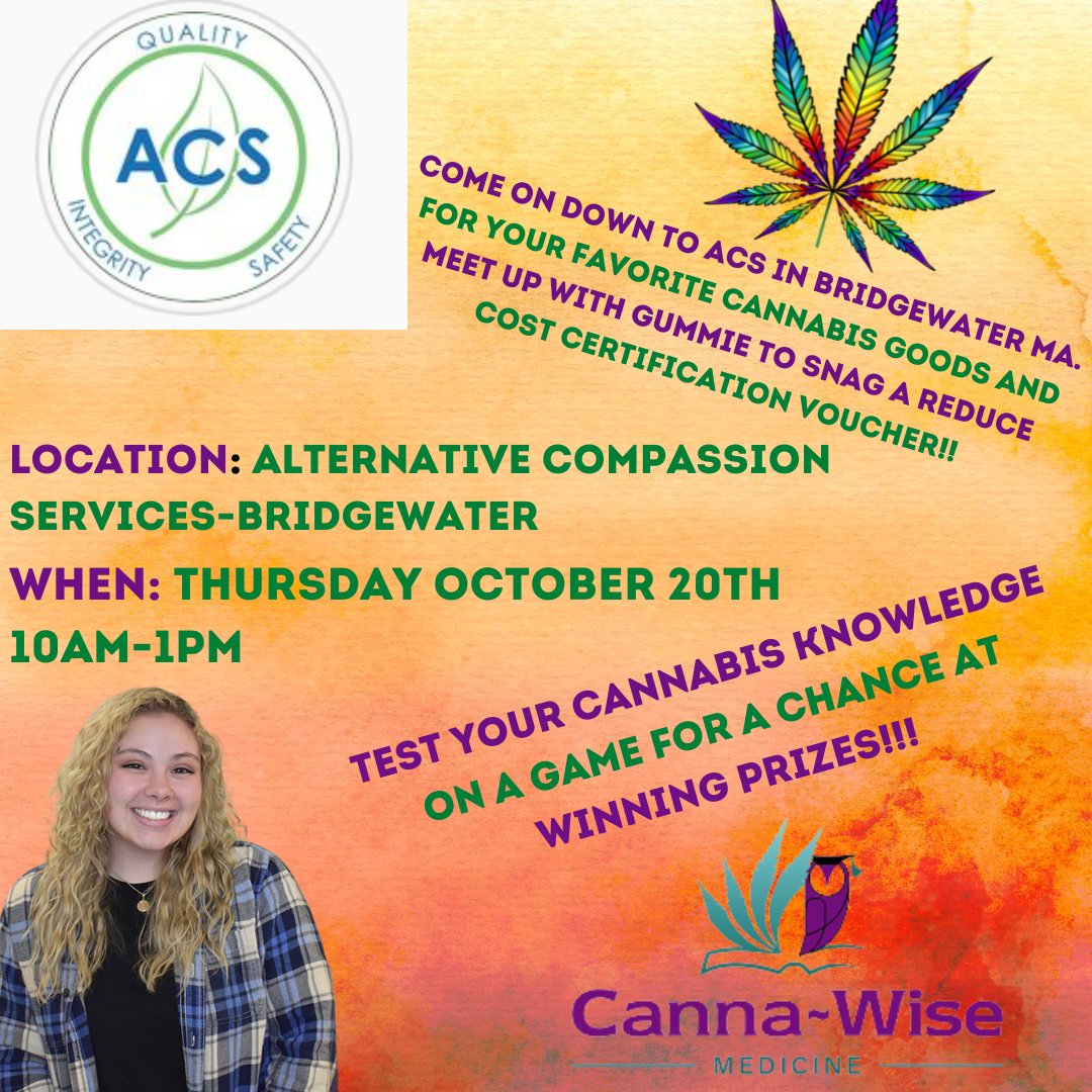 canna_wise's tweet photo. TOMORROW!!!!! Swing by Alternative Compassion Services to visit with Gummie! She will be there from 10am-1pm! Come down and say hi! 💜💚💜💚‼️‼️‼️
#alternativemedicine #popup #bridgewaterma #helpingothers https://t.co/P87jXzAsvi