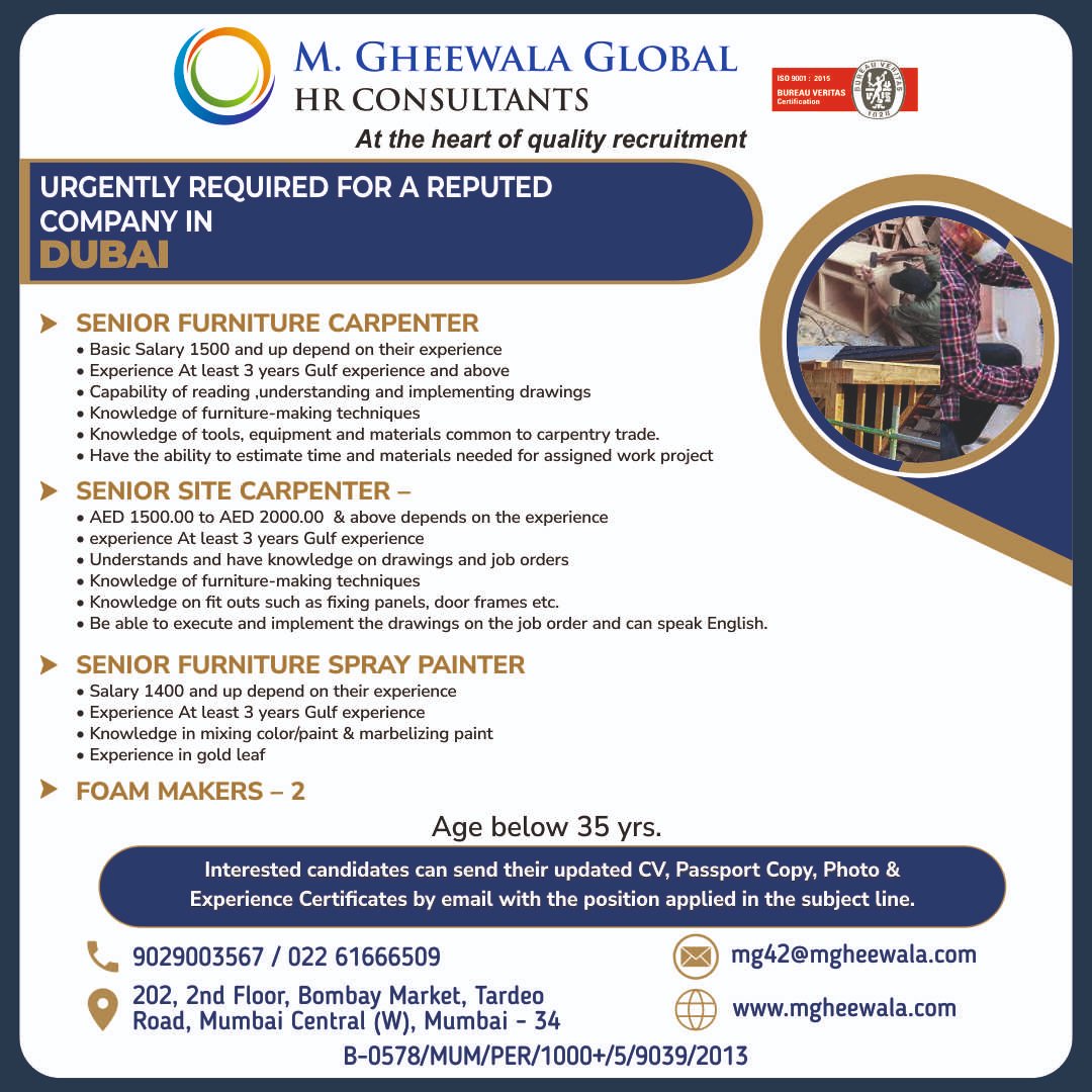 mgheewala_hrc's tweet photo. Job Vacancies for #Dubai
Interested Candidates can send the updated resume to mg42@mgheewala.com
Learn More https://t.co/Ps4bxvjpD1
#dubaijobs #seniorfurniturecarpenter #seniorsitecarpenter #seniorfurniturespraypainter #foammaker https://t.co/rlYXIrLE6M