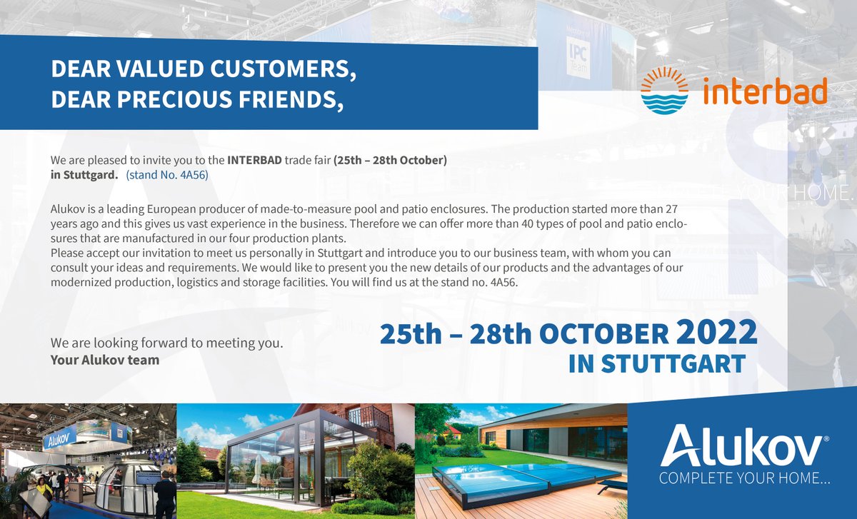👋 See you next week in Stuttgart! 

We are going to showcase our new projects done on Alukov Worldwide and present our rapid business development that we were working on for quite a long time. 

Come to meet our members from Alukov Austria, Alukov Deutschland and Alukov Schweiz.