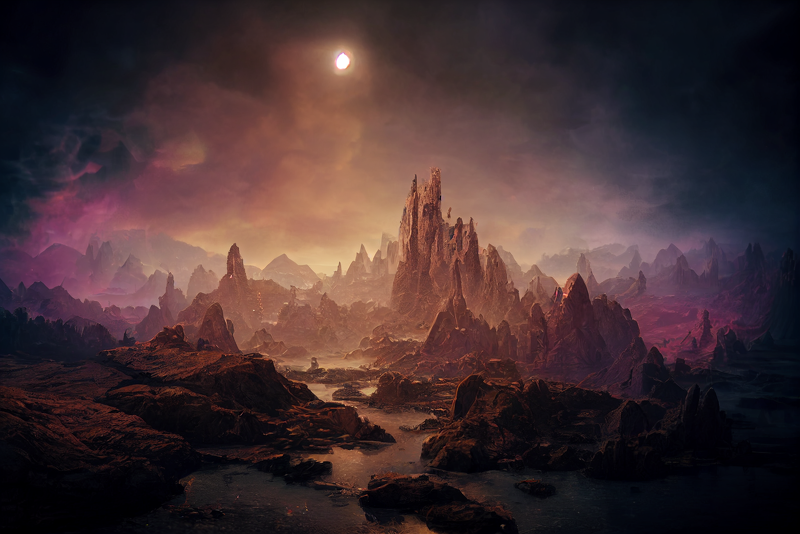 Thaeyne's tweet photo. And for the first time in a long time Iβm alright β Wizardpunk darkened sun #midjourney #midjourneyAi #AIArtwork #AIart #wizardpunk #landscape https://t.co/f37oT1ZG3Q