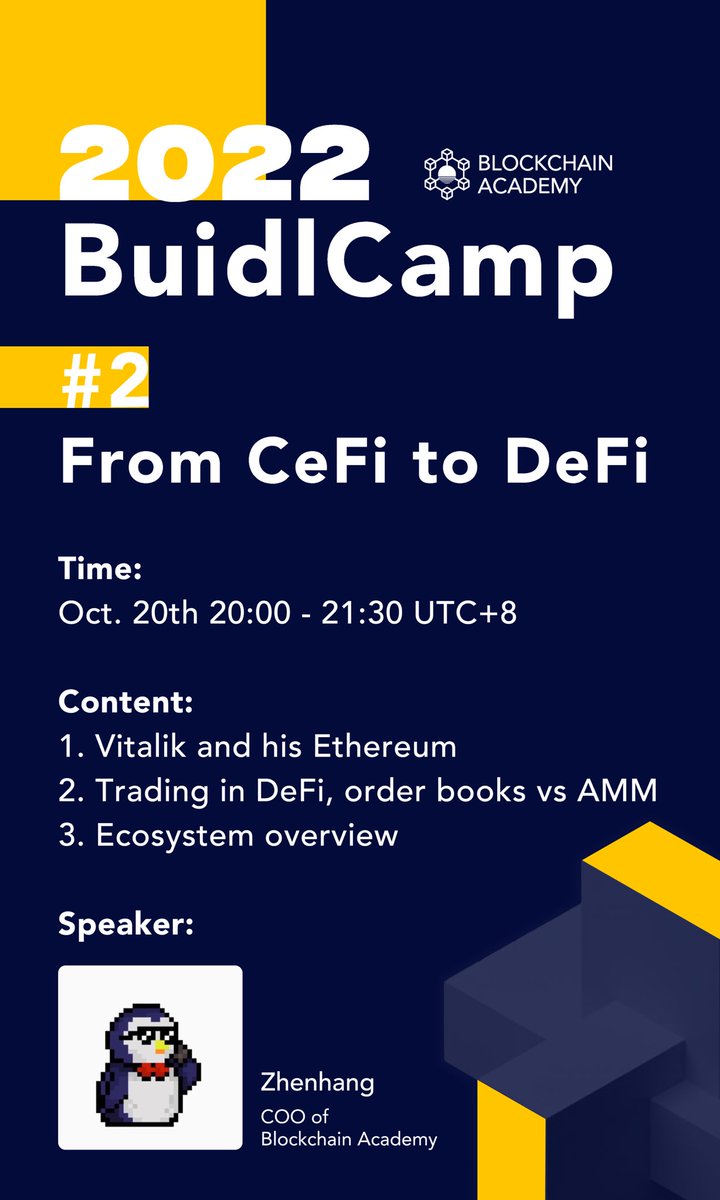 Blockchain_AC's tweet photo. Second lesson of #BuidlCamp 💡
How did #DeFi formed? What is #uniswap and AMM?🤔
Hope you can find answers in tomorrow’s course📚
https://t.co/6yD0XoCnuA https://t.co/HOrLbPYJcX