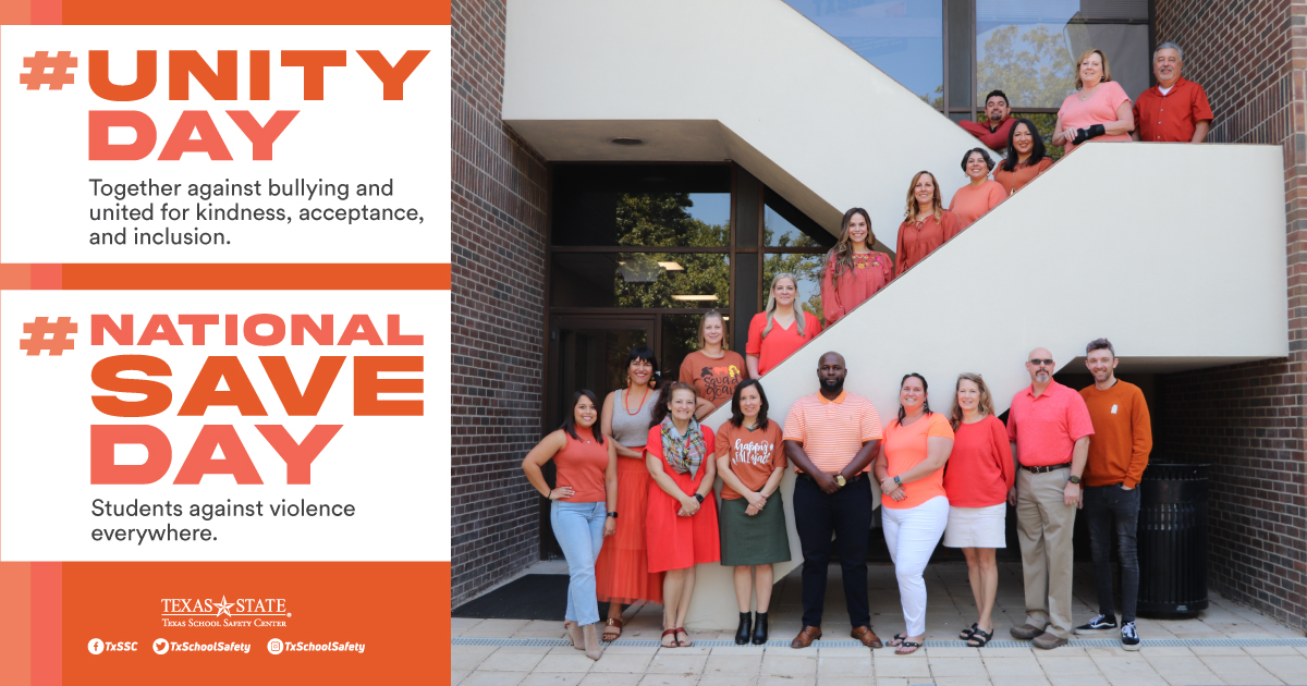TxSchoolSafety's tweet photo. Texas #SchoolSafety Center staff are wearing orange to support #UnityDay and #NationalSAVEDay and to call attention to bullying and school violence prevention. Are you wearing orange? Post your photo and tag us! #NationalBullyingPreventionMonth #TXSafeSchoolsWeek https://t.co/2CMlknY4Np