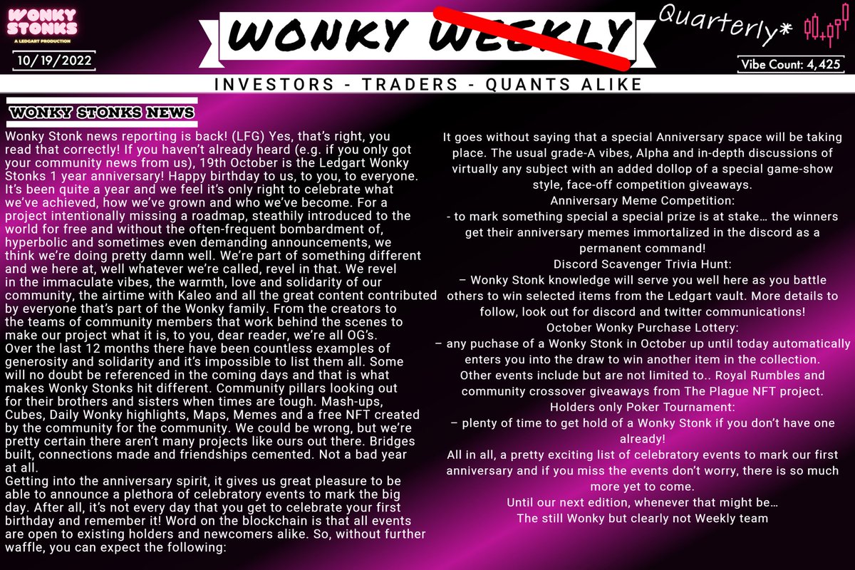WonkyWeekly's tweet photo. Is that… Wonky Weekly? Or Quarterly? 

Happy 1 year Wonky Fam! What an incredible ride it has been!💓

Don’t forget to be in the Discord for all events today! You won’t wanna miss out🤝 https://t.co/PkSX9QPGQ2
