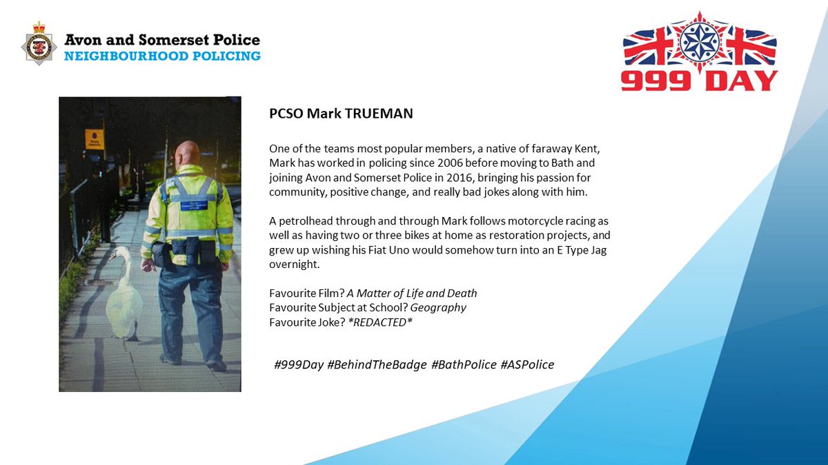 ASPBathNES's tweet photo. Your next installment of #BehindTheBadge, PCSO Mark TRUEMAN! #999Day #BathPolice #ASPolice https://t.co/Tzc65Jylvc