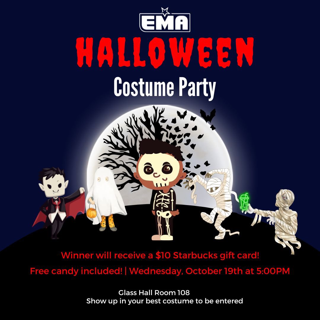‼️CONTEST TIME‼️

We have an #EMazing opportunity for you to win a Starbucks gift card!! At our  meeting, TODAY! October 19Th at 5pm in Glass 108, come to meeting wearing your Halloween costume!! 👻

The student wearing the best costume will win!! 🎃

Good luck!
