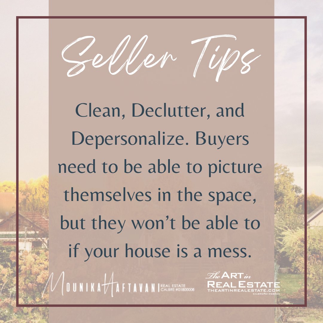 MounikaRealtor's tweet photo. Buyers need to be able to picture themselves in the space, but they won’t be able to if your house is a mess.

👩🏼‍💼 Licensed Real Estate Agent
🔎 CalDRE #01800008
🏡 The Art in Real Estate
📱 818-437-3308

#MounikaHaftavani https://t.co/XGkBWht6dC