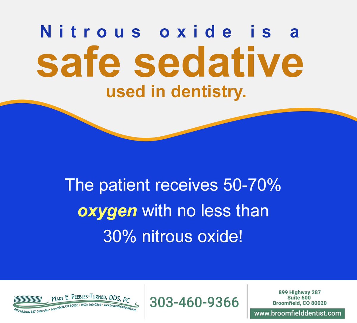 DrPeeblesTurner's tweet photo. Nitrous Oxide is a colorless, sweet-smelling gas that you can breathe. The patient can breathe independently and control all of his or her bodily functions. Visit https://t.co/CfEkEaf5EQ to find out more. #NitrousOxide #broomfield #CO #maryepeeblesturnerdds https://t.co/i4IJgW4rHA