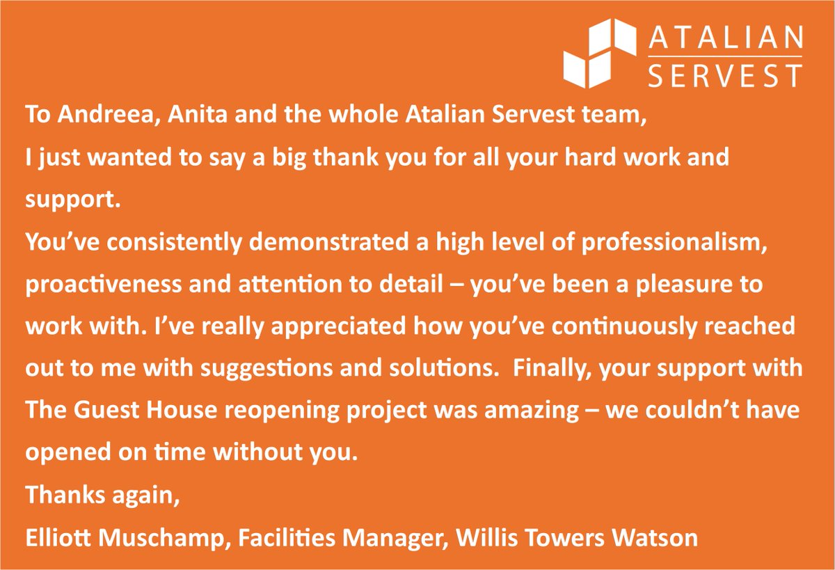 A kind message on #TYCD from Elliott Muschamp, Facilities Manager at Willis Towers Watson, Lime St, London in praise of the hard work for who clean their premises @AtalianServest ow.ly/aA2750LfhJk