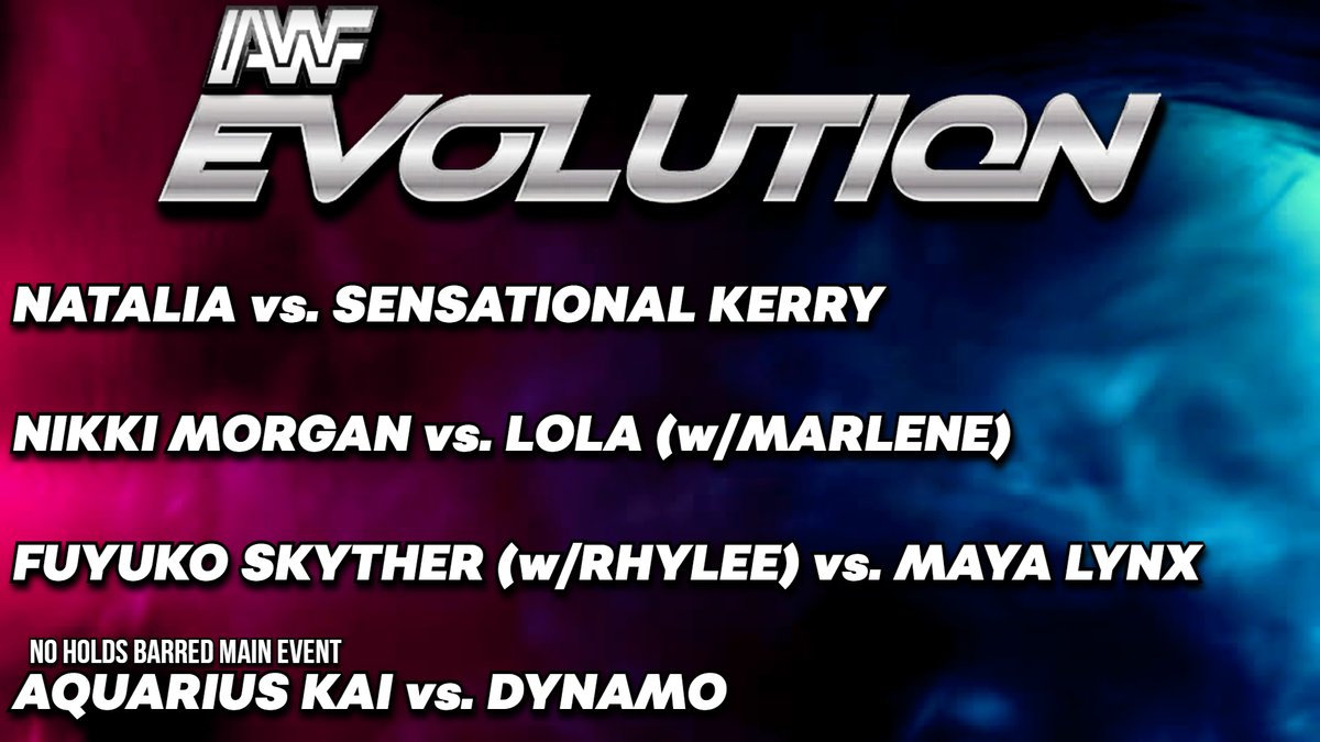 AWF_EFed's tweet photo. It's Wednesday and you know what that means! #AWFEvolution goes down TONIGHT LIVE at 6:00pm/ET on #Twitch. Four matches including the NO HOLDS BARRED Main Event of #AquariusKai vs. #Dynamo.

We will also hear from @NataliaGamer4 and @BeetleJessEFED!

➡️https://t.co/ffjEkqZQor https://t.co/jBh5xc79sH