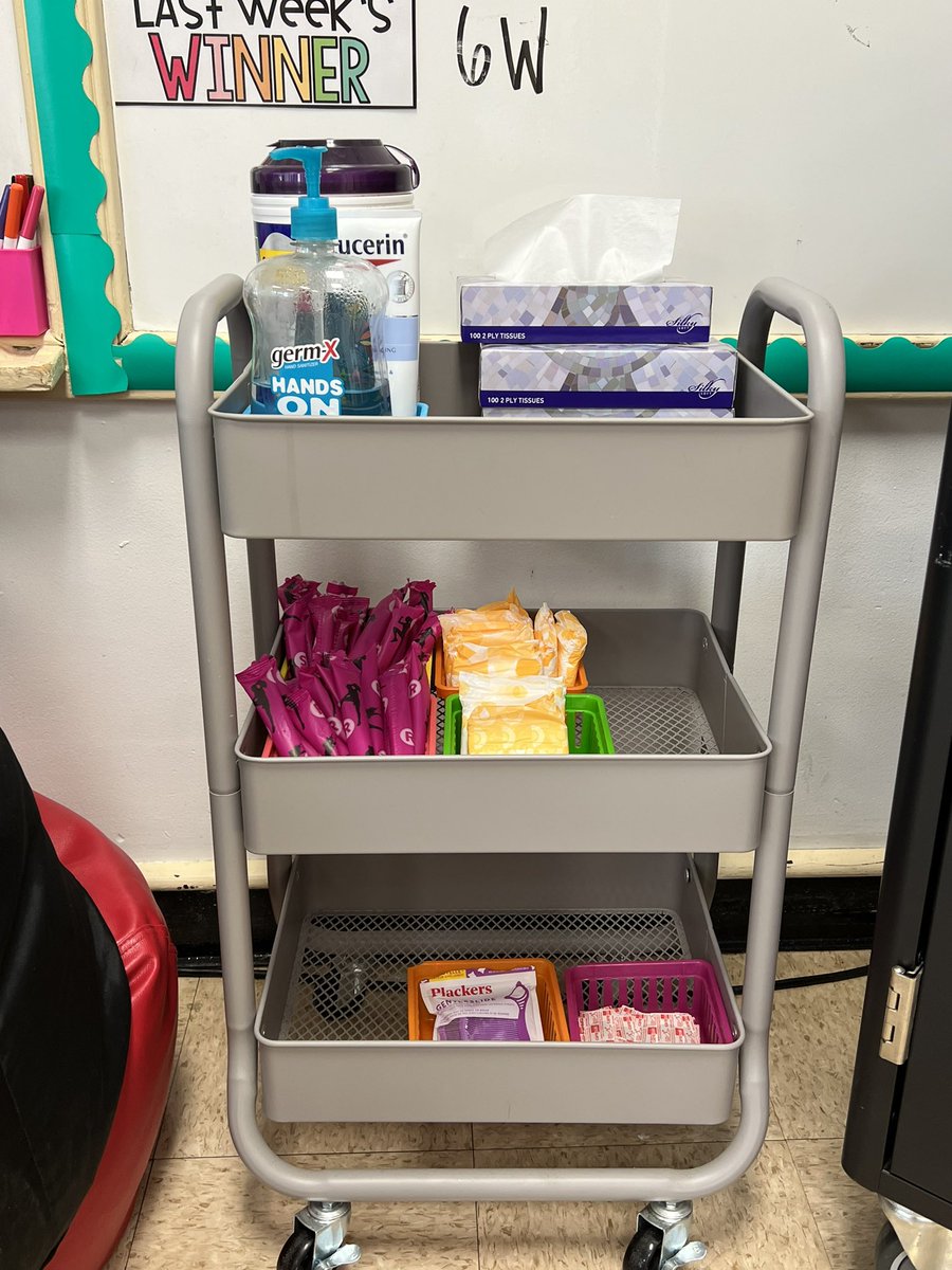 Miss_Mader's tweet photo. Thank you so much to the @DelancoPto for helping me get my care cart going! I really appreciate it! Students can come to my room as a safe place to take what they need! If you are interested in donating, I am still looking for mini deodorant! ❤️@barrykid1 https://t.co/VbtMSTnezv