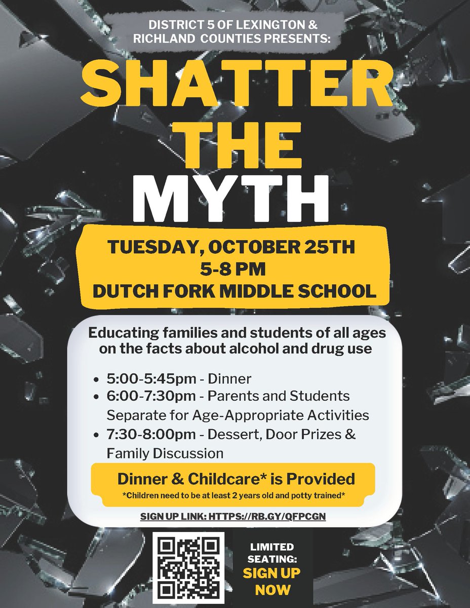 📅#LexRich5Schools hosts "Shatter the Myth" on October 25! Discuss facts, myths, effects  refusal skills concerning drugs, alcohol, and vaping with age appropriate conversations &amp; activities. Learn the tools to keep your student(s) healthy &amp; safe! ▶ RSVP: bit.ly/D5ShatterTheMy…