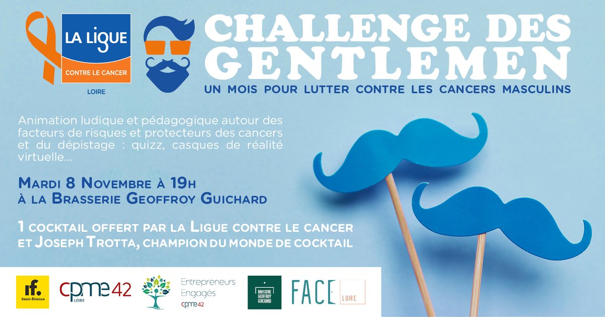 LigueCancer42 (@liguecancer42) on Twitter photo 40 % des cancers sont évitables par des changements de comportements
Le CD42, la <a href="/CPME42/">CPME Loire</a> et <a href="/FACE_Loire/">FACE Loire</a> invitent leurs adhérents à relever le Challenge des Gentlemen pour lutter contre les cancers masculins
Rdv le 8/11 Ă 19h Ă la brasserie G Guichard
urlz.fr 40 % des cancers sont évitables par des changements de comportements
Le CD42, la <a href="/CPME42/">CPME Loire</a> et <a href="/FACE_Loire/">FACE Loire</a> invitent leurs adhérents à relever le Challenge des Gentlemen pour lutter contre les cancers masculins
Rdv le 8/11 Ă 19h Ă la brasserie G Guichard
urlz.fr