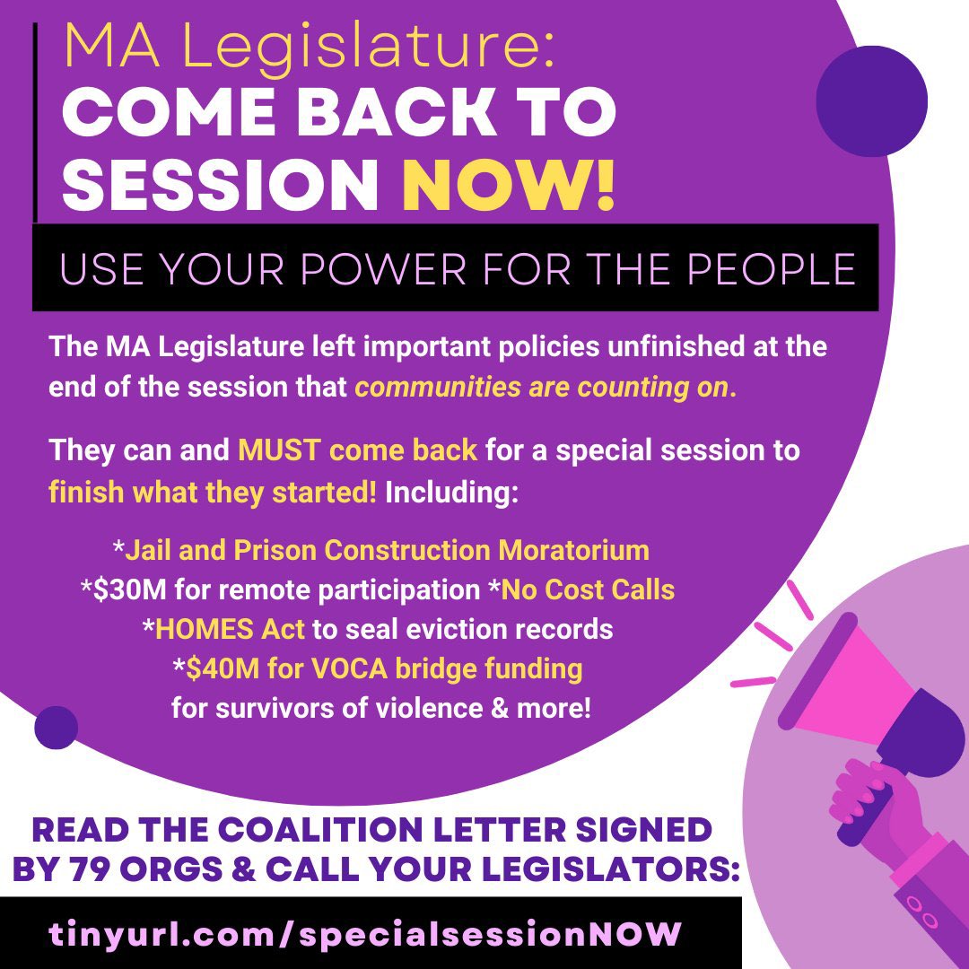 MA Legislature: come back to session now! It’s time to call a special session & finish what communities need you to get done. Prison Construction Moratorium, No Cost Calls, the HOMES Act, and more need to become law. Please do the right thing! @repwhipps #mapoli