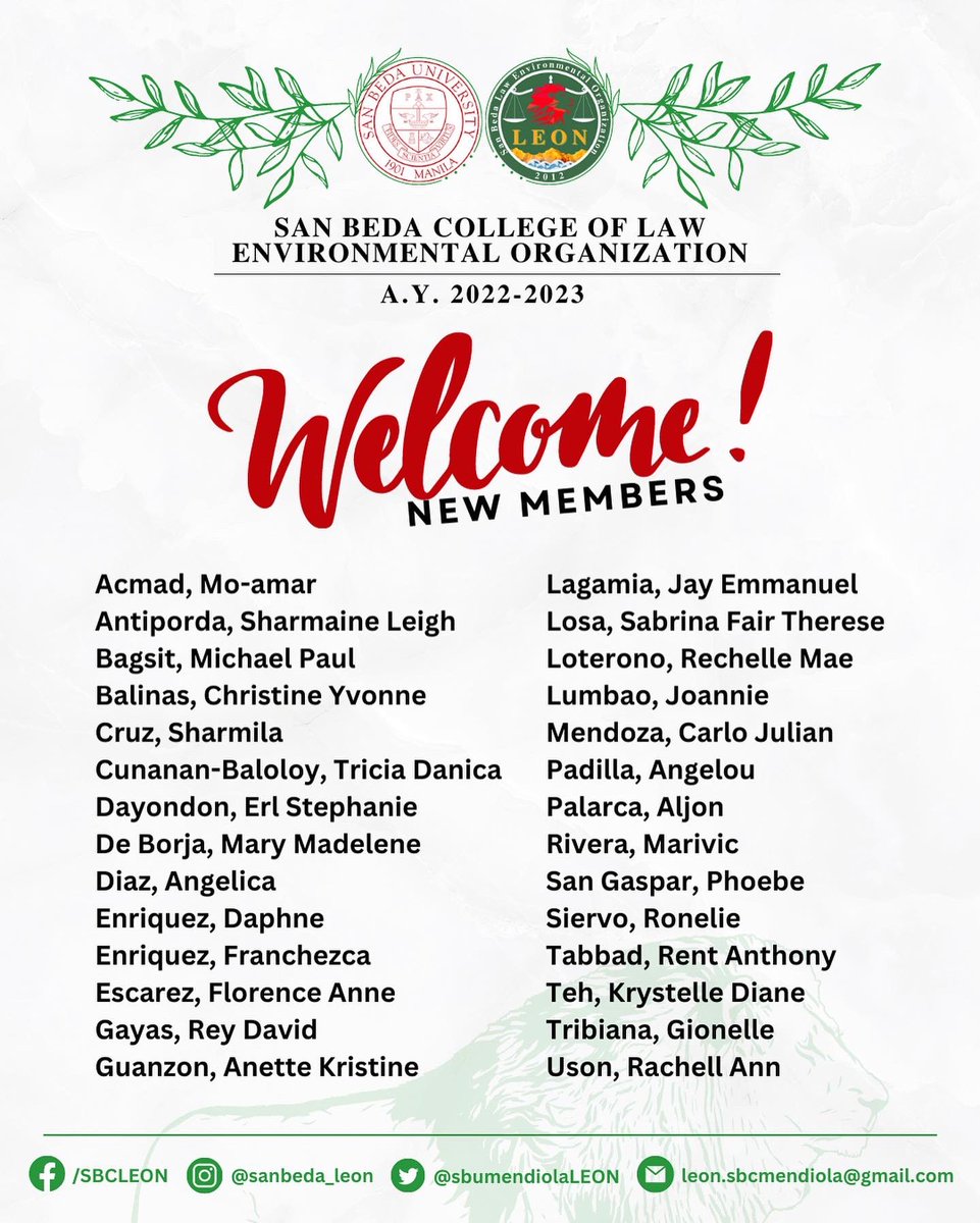 sbumendiolaLEON's tweet photo. The San Beda College of Law Environmental Organization warmly welcomes its new earth-warriors for A.Y. 2022-2023. 🌱🌏

#SanBedaLawEnvironmentalOrganization https://t.co/BynYrf9Jll