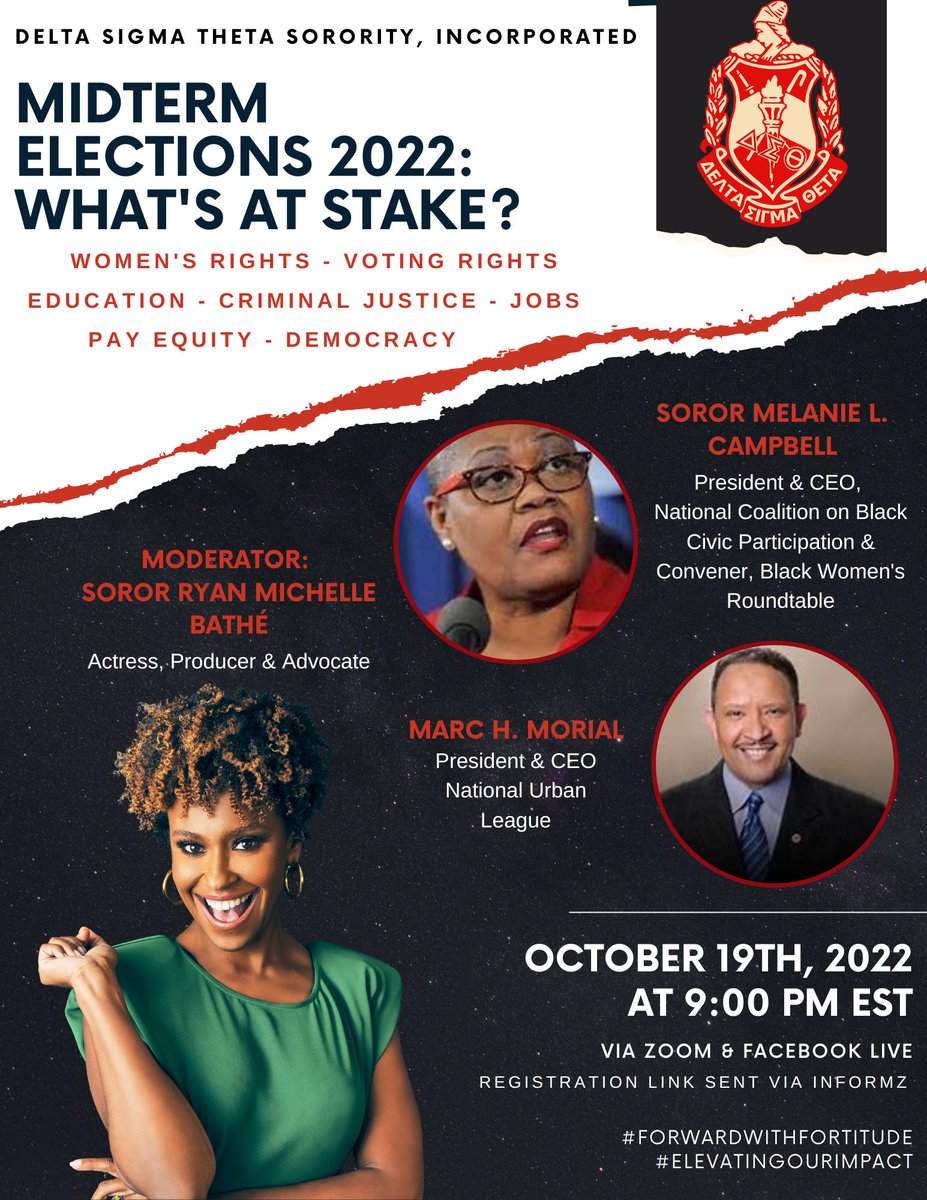 dstinc1913's tweet photo. Join @dstinc1913  tonight at 9:00 PM ET for our next session in the Midterm Elections Series: What's at Stake? Tonight Soror Melanie Campbell and Marc Morial will discuss reasons voters should be engaged in this election cycle and what will be impacted by the outcome! 

#DST1913 https://t.co/B9MRn2dVU7