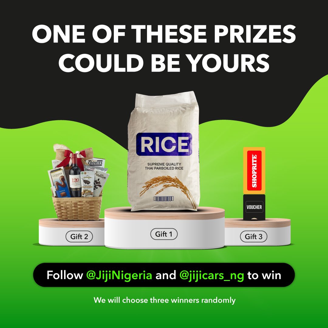 It's your lucky day! We are going to be giving out these great prizes to 3 Jiji fans 🤯 All you have to do is:
 
1. Follow <a href="/JijiNigeria/">Jiji Nigeria</a> and @jijicars_ng 
2. Comment this tweet with “Done” and retweet to stand a chance 😎
Only people from Nigeria can take part in the contest ☝️