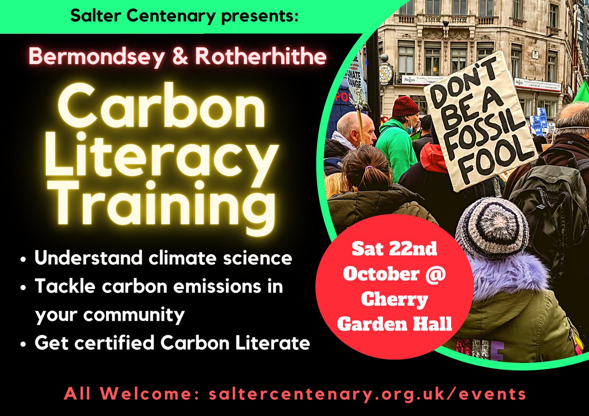Come to our Carbon Literacy Training this Saturday! (10am-4pm) Register on our website: saltercentenary.org.uk. All welcome!