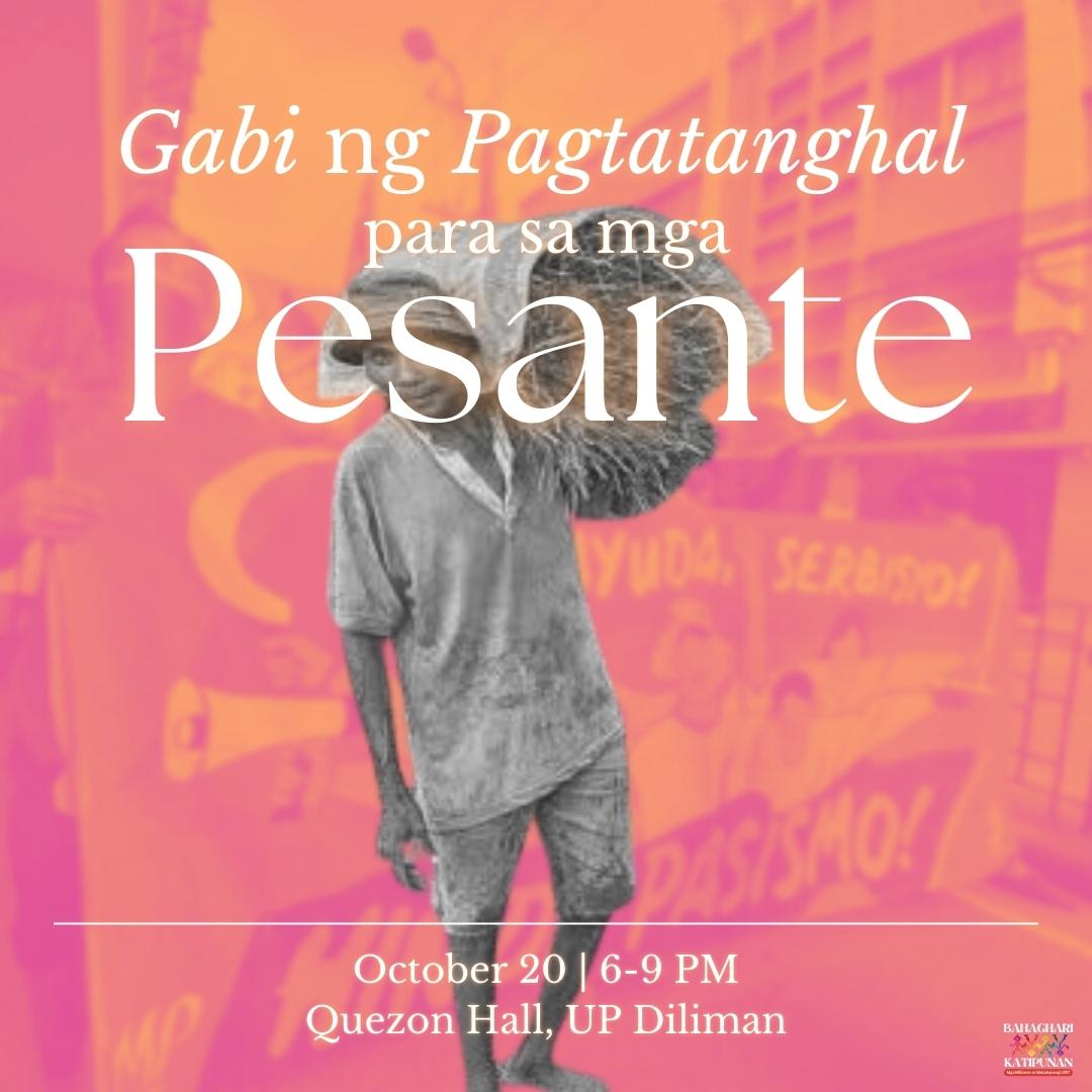BahaghariKatip's tweet photo. 𝗚𝗔𝗕𝗜 𝗡𝗚 𝗣𝗔𝗚𝗧𝗔𝗧𝗔𝗡𝗚𝗛𝗔𝗟 𝗣𝗔𝗥𝗔 𝗦𝗔 𝗠𝗚𝗔 𝗣𝗘𝗦𝗔𝗡𝗧𝗘

Oktubre 20, 2022 | 6 n.g. - 9 n.g.
Quezon Hall, UP Diliman

#MarcosPeste #PeasantMonth2022
#LupaSaMagsasaka #PagkainSaLahat https://t.co/RZ3BPdgltq