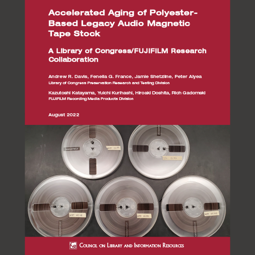 CLIRnews's tweet photo. "Accelerated Aging of Polyester-Based Legacy Audio Magnetic Tape Stock," Aug. 2022, is one of over 170 CLIR reports on topics relating to #libraries, #archives, #preservation, #diglib, and more. Most titles available free for download!  https://t.co/nOJ17Yb6ZG https://t.co/SNgoHOy0Sm