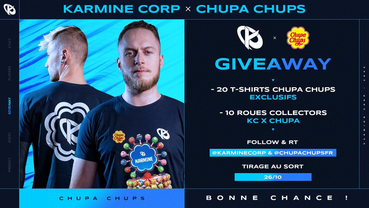 À l'occasion de la reprise, on vous a préparé une collab exclusive de t-shirts @ChupaChupsFR et on vous en fait gagner 20 aujourd'hui ainsi que 10 roues #KCORP x Chupa Chups ! 🍭 Pour participer : ✅ RT ce tweet ✅ Follow @ChupaChupsFR & @KarmineCorp 🍀 TAS le 26/10