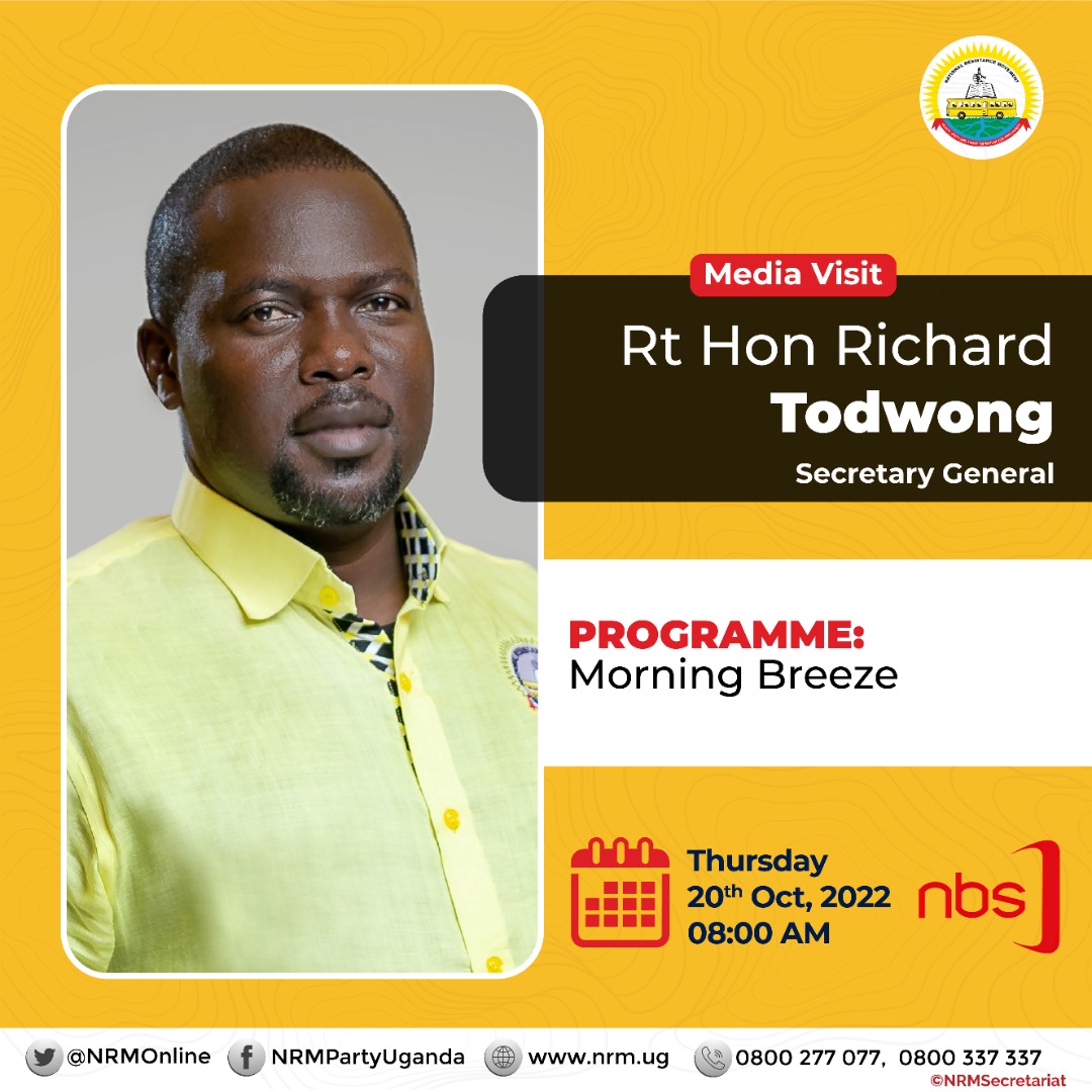 DON'T MISS. Our Secretary General, Rt Hon. @TodwongR, will tomorrow morning be hosted on @nbstv for the #MorningBreeze show at 8am. Endeavour to tune in and watch.  instagram.com/nrmuganda